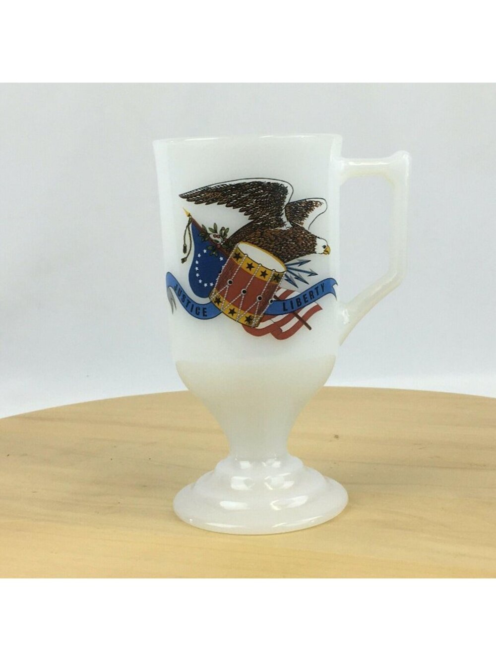 Vintage Justice & Liberty Footed Milk Glass Coffee Mug